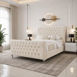 Stylish-Sleigh-Bed-Ottoman-Storage-Chesterfield-Plush-Velvet