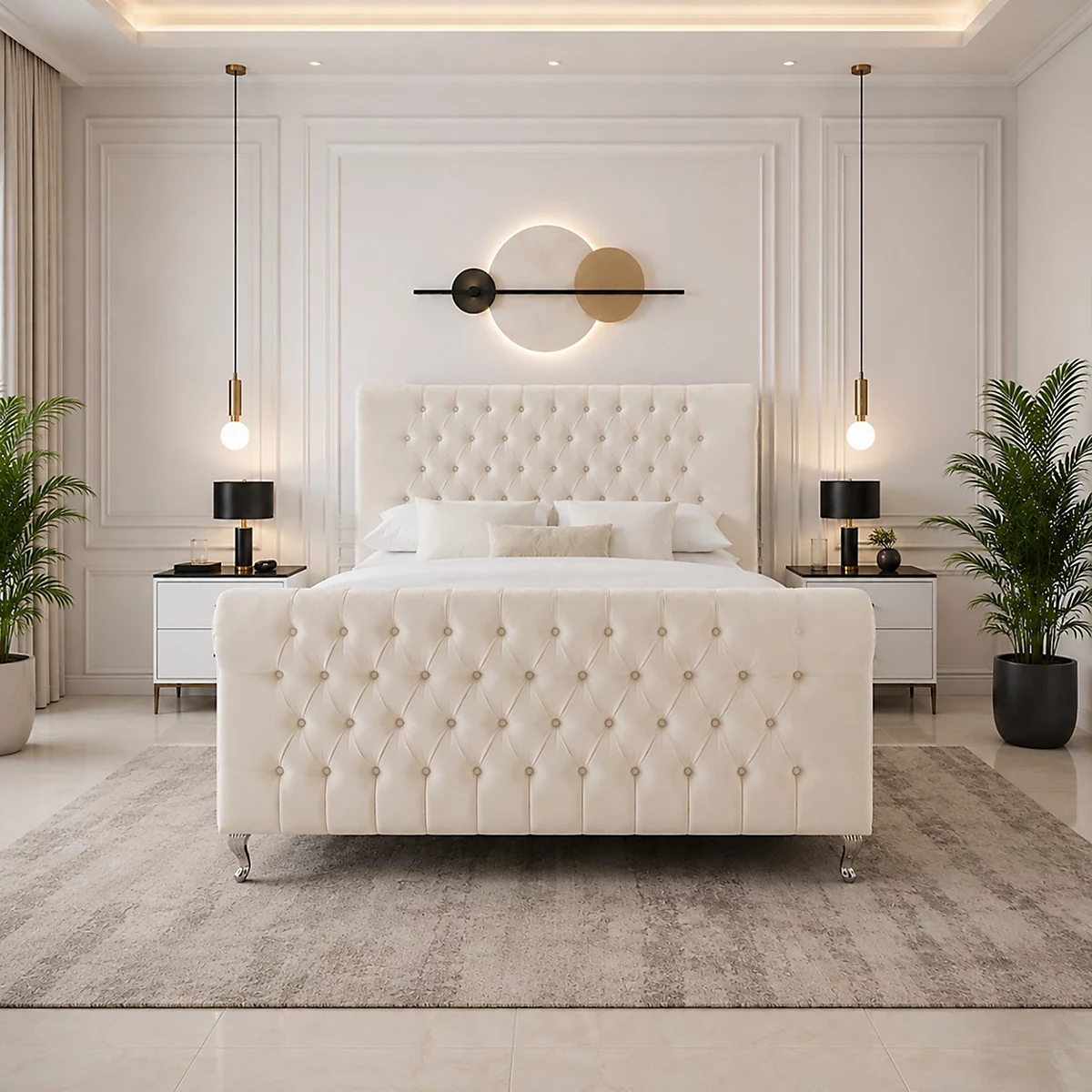Stylish-Sleigh-Bed-Ottoman-Storage-Chesterfield-Plush-Velvet